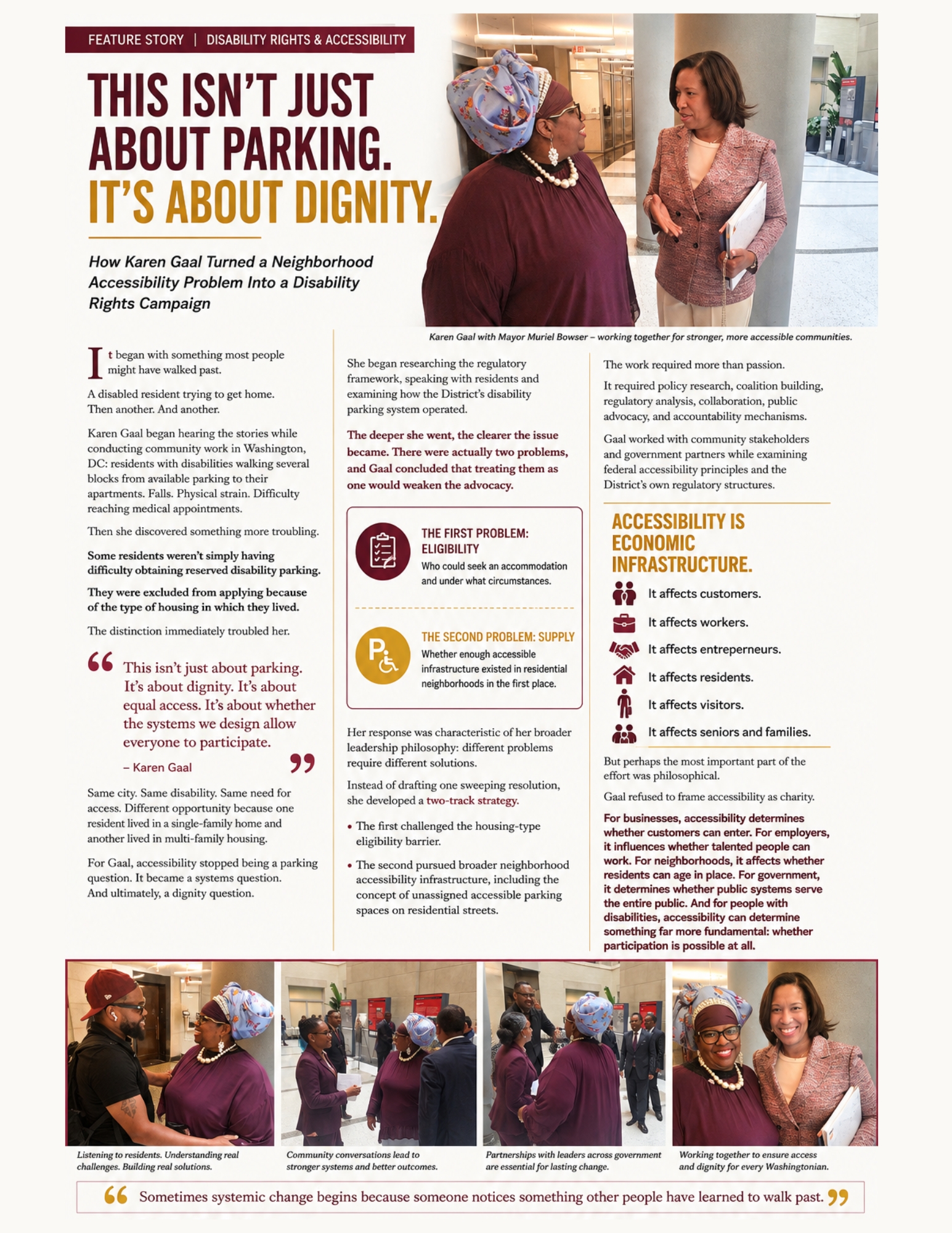 Magazine feature explaining Karen Gaal's disability parking advocacy, community listening, policy research, eligibility reform, accessible infrastructure and government and community partnerships.